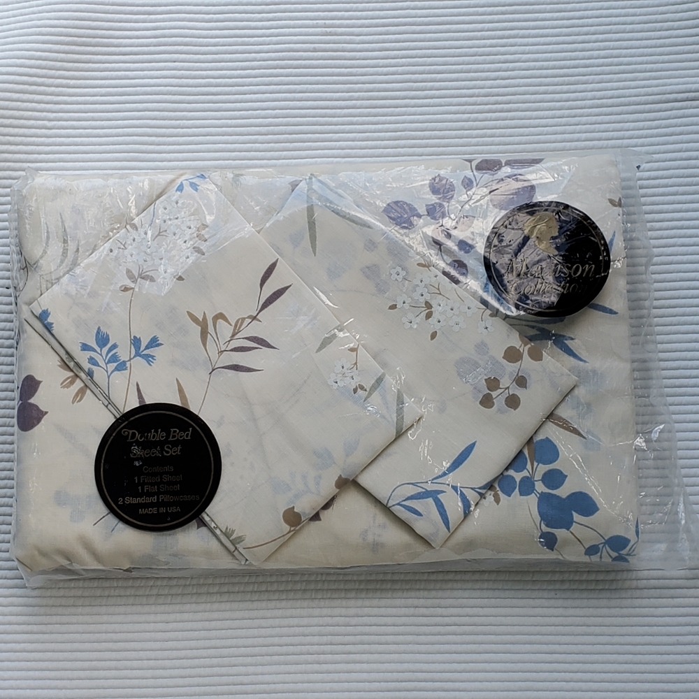 Madison Bed Sheet Set Flat Fitted Blue Floral 90s 1990s Y2K Polyester Cotton